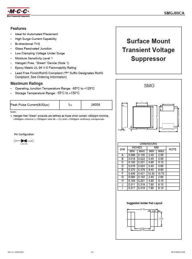 SMGJ80CA Surface Mount Transient Voltage Suppressor by MCC - Datasheet Preview