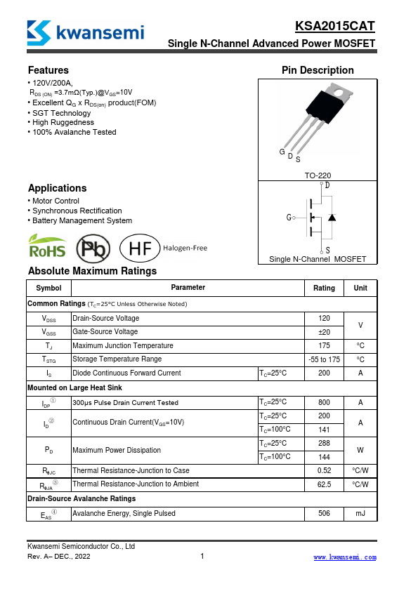 KSA2015CAT Single N-Channel Advanced Power MOSFET by Kwansemi - Datasheet Preview