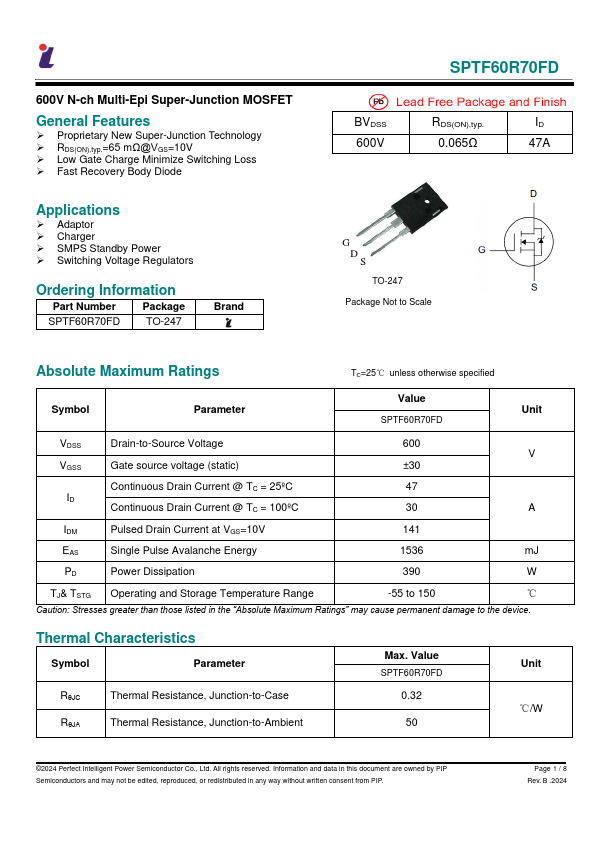 SPTF60R70FD 600V N-ch Multi-Epi Super-Junction MOSFET by PIP - Datasheet Preview