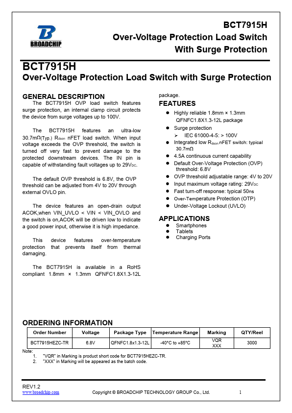 BCT7915H Over-Voltage Protection Load Switch by BROADCHIP - Datasheet Preview