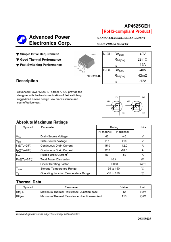 AP4525GEH N AND P-CHANNEL ENHANCEMENT MODE POWER MOSFET by Advanced Power Electronics - Datasheet Preview