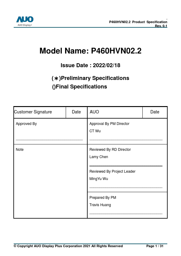 P460HVN02.2 Datasheet Preview