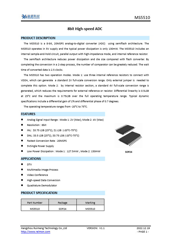 MS5510 8-bit High-speed ADC by Ruimeng - Datasheet Preview