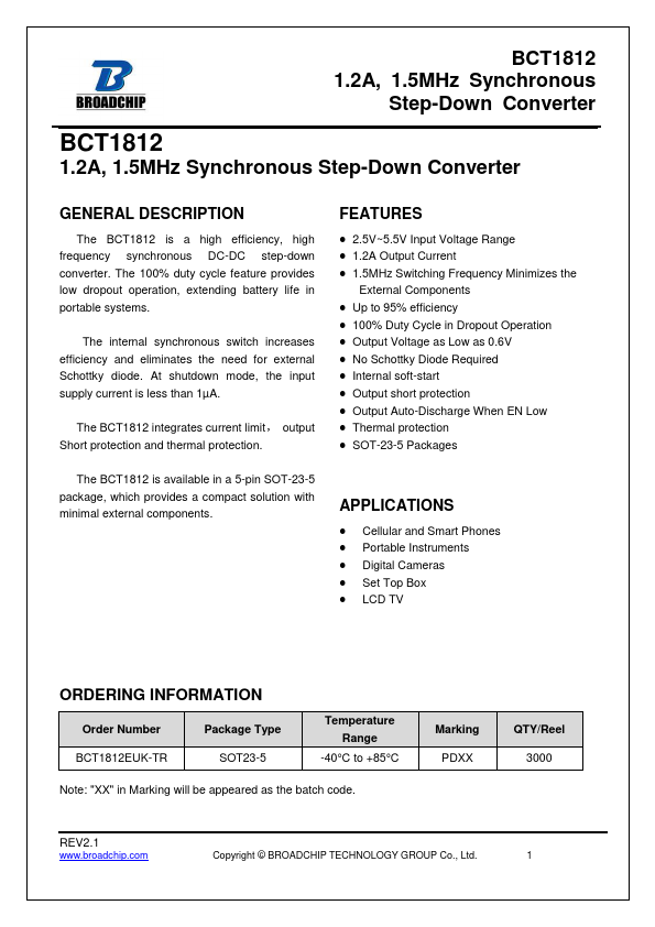 BCT1812 1.2A 1.5MHz Synchronous Step-Down Converter by BROADCHIP - Datasheet Preview
