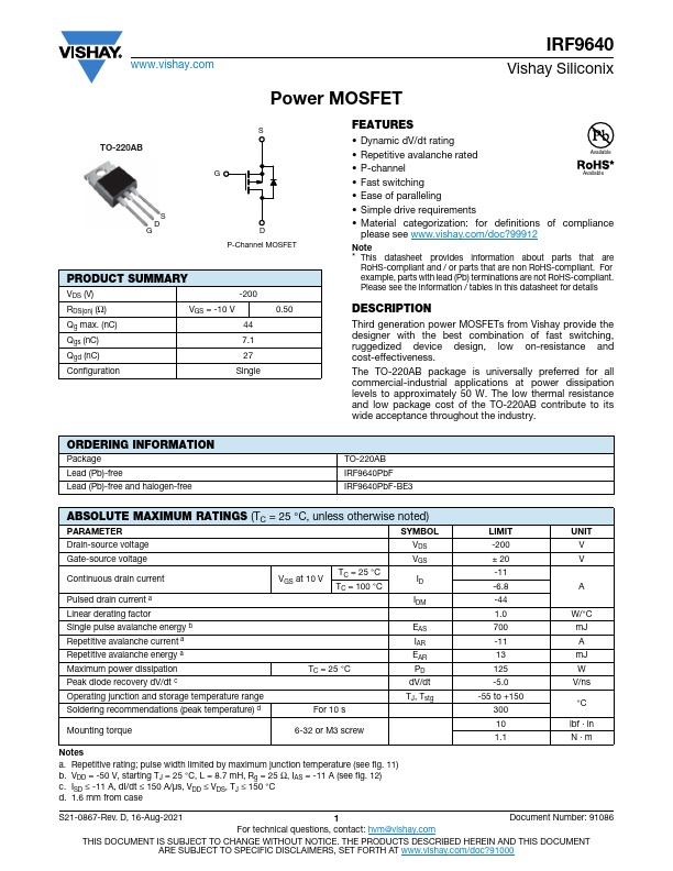 IRF9640 Power MOSFET by Vishay - Datasheet Preview