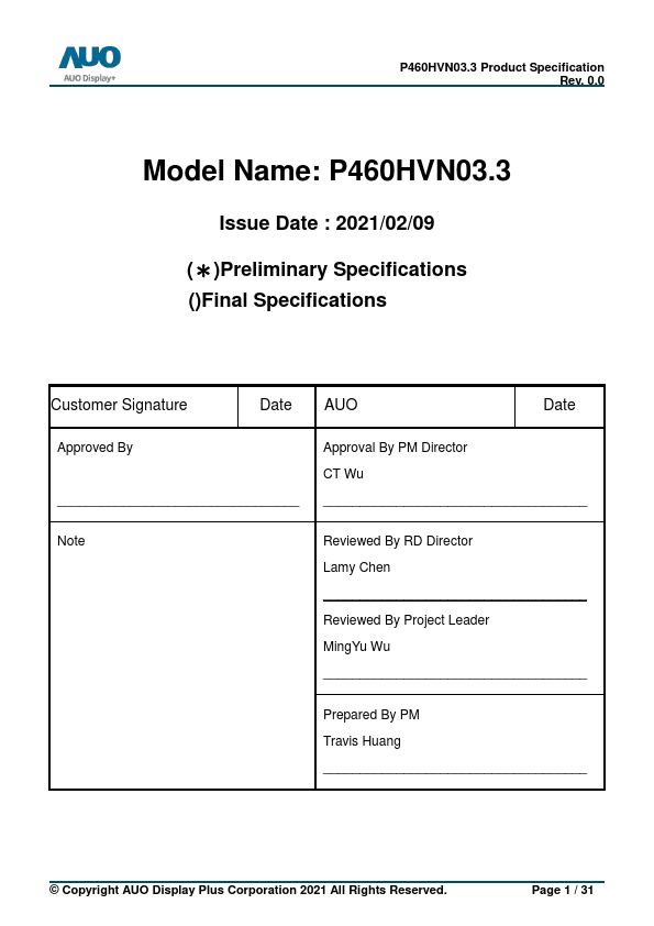 P460HVN03.3 Datasheet Preview