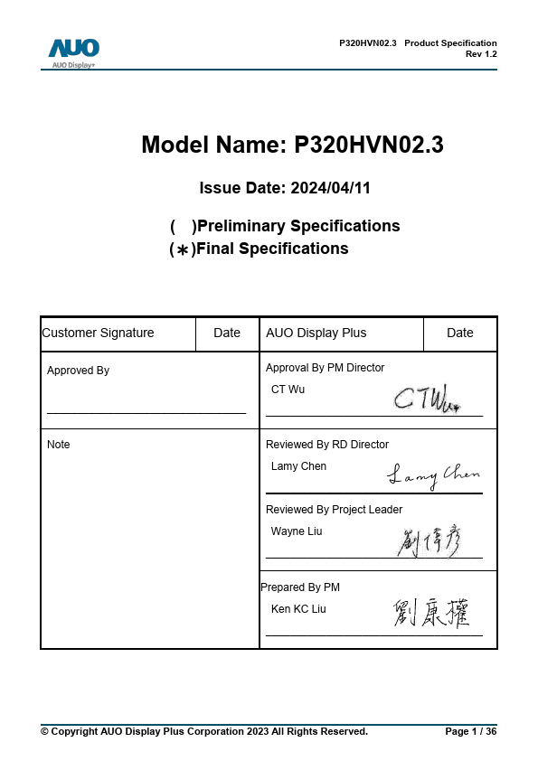 P320HVN02.3 Datasheet Preview