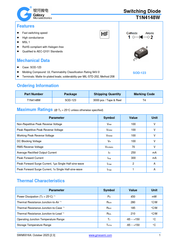 T1N4148W switching diode by GME - Datasheet Preview