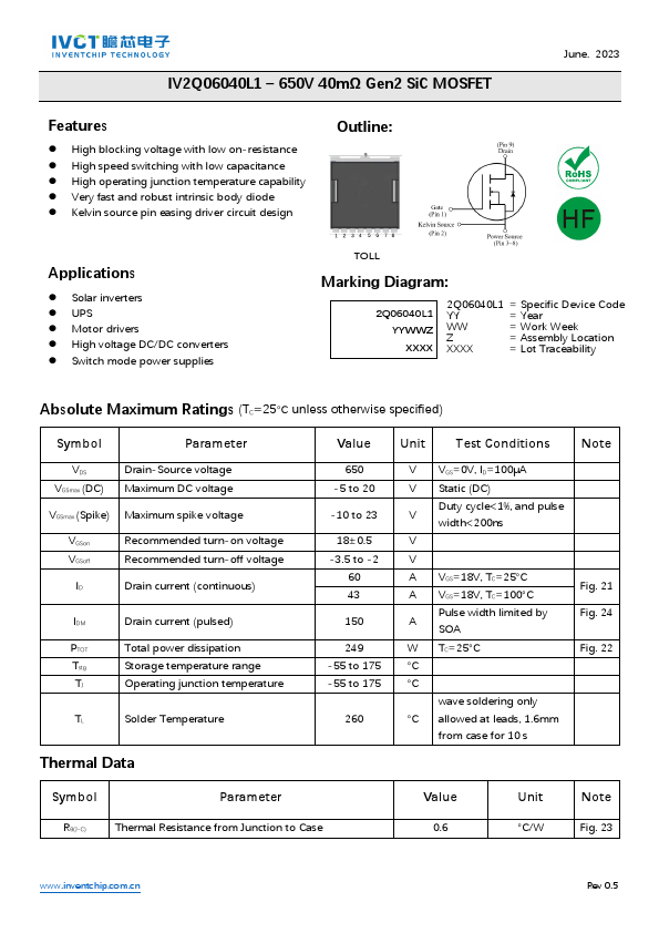 IV2Q06040L1 650V Gen2 SiC MOSFET by IVCT - Datasheet Preview