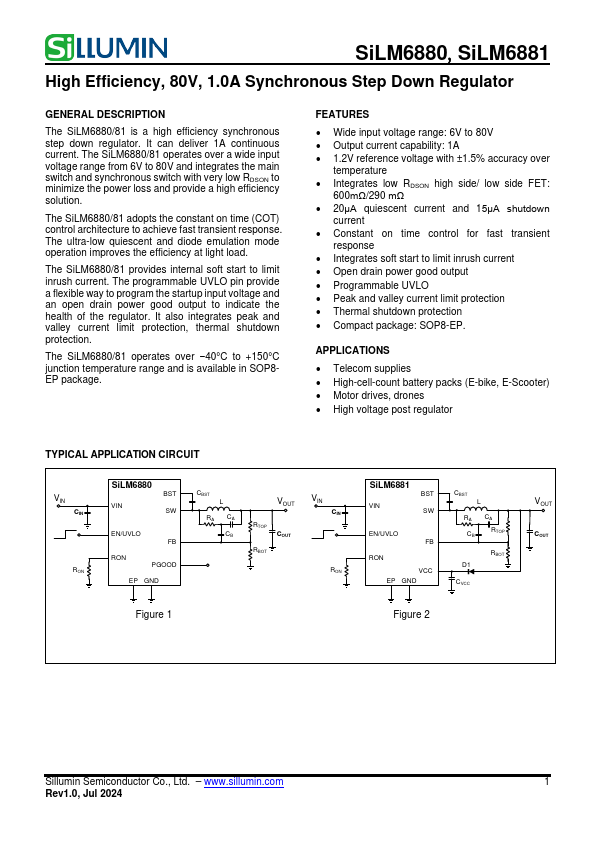 SiLM6880 80V 1.0A Synchronous Step Down Regulator by Sillumin - Datasheet Preview
