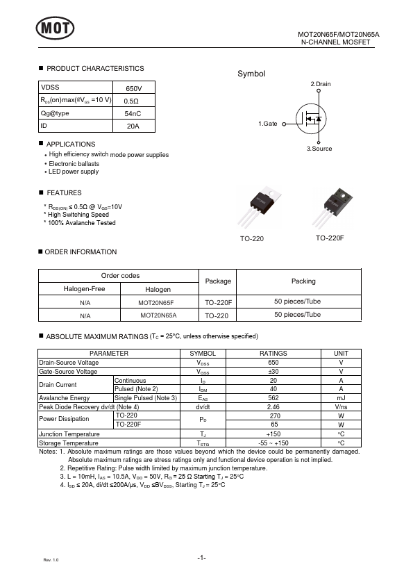 MOT20N65F Datasheet Preview