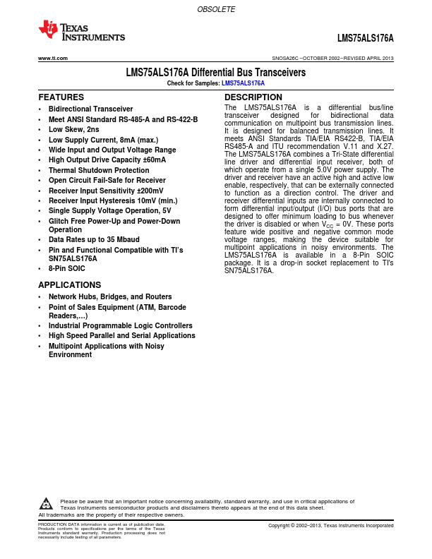 LMS75ALS176A Differential Bus Transceivers by Texas Instruments - Datasheet Preview
