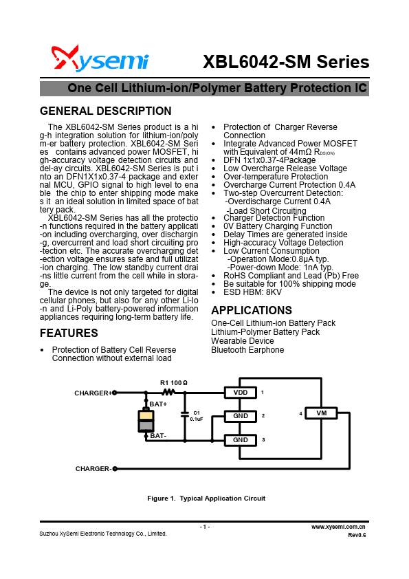 XBL6042JS-SM One Cell Lithium-ion/Polymer Battery Protection IC by XySemi - Datasheet Preview