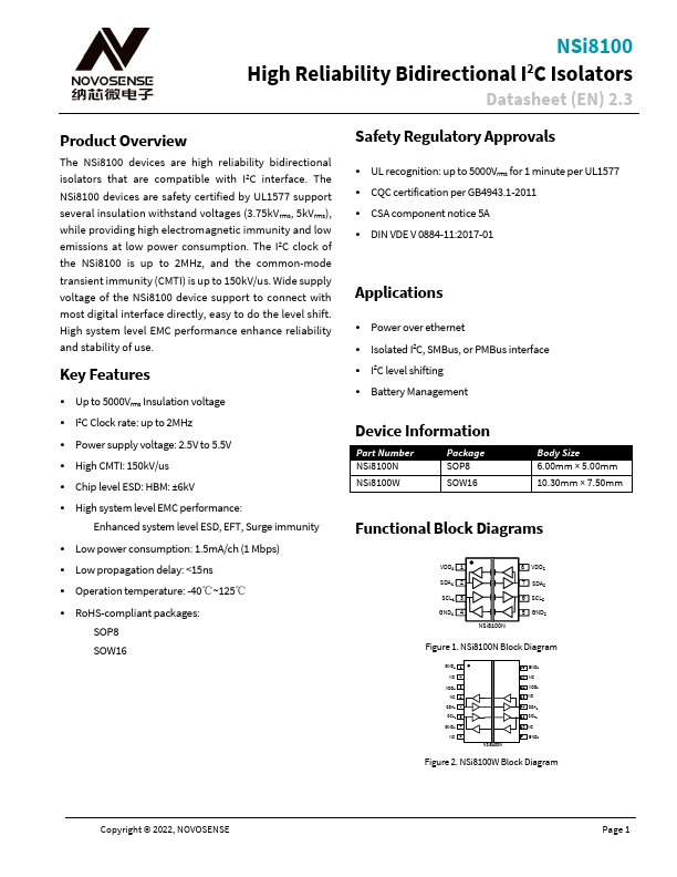 NSi8100 Datasheet NSi8100 NOVOSENSE pdf High Reliability Bidire 