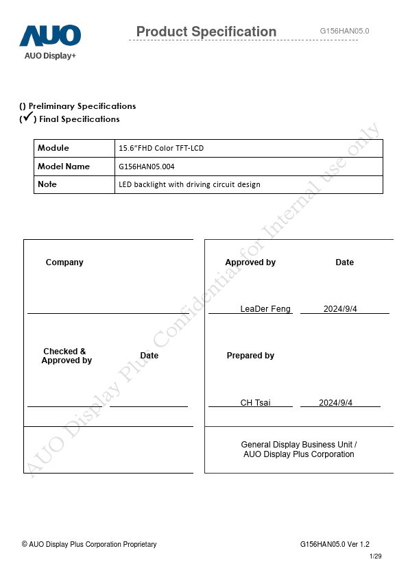 G156HAN05.004 Datasheet Preview
