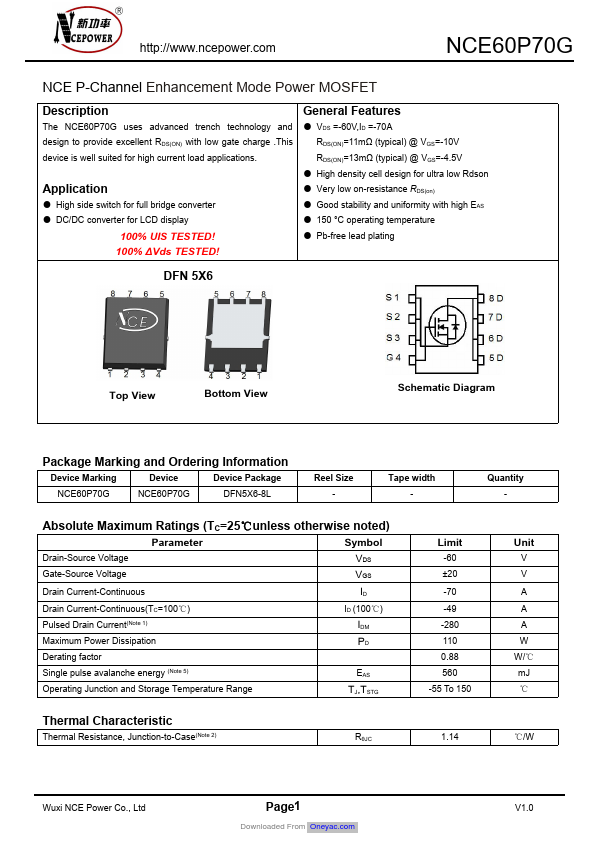 NCE60P70G Datasheet Preview