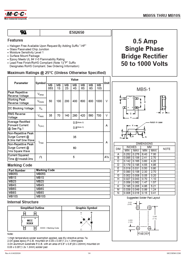 MB2S 0.5Amp Single Phase Bridge Rectifier by MCC - Datasheet Preview