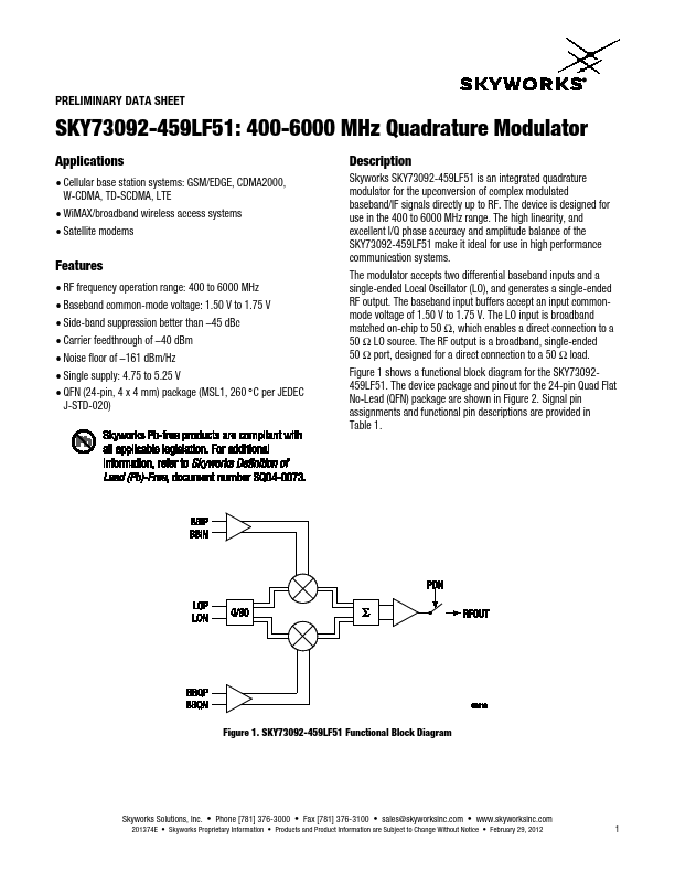 SKY73092-459LF51 400-6000 MHz Quadrature Modulator by Skyworks - Datasheet Preview