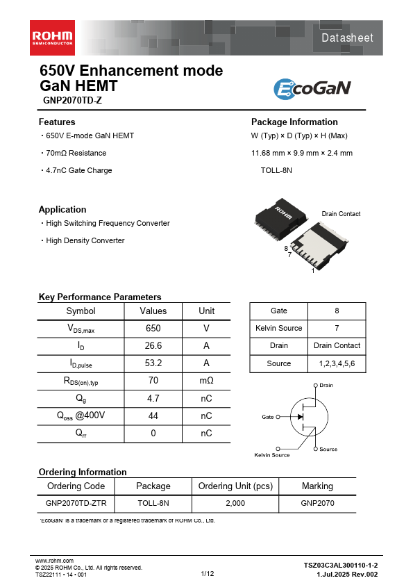 GNP2070TD-Z 650V Enhancement mode GaN HEMT by ROHM - Datasheet Preview