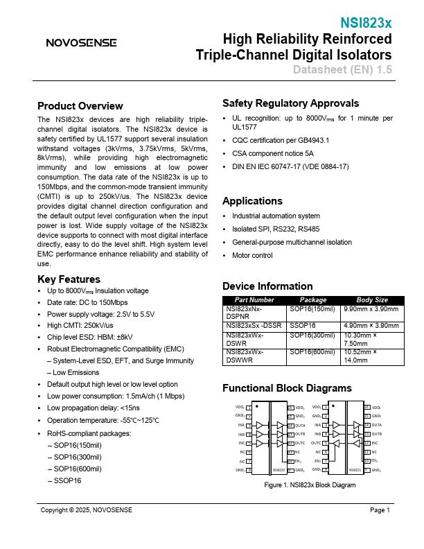 NSi8230 Triple-Channel Digital Isolators by NOVOSENSE - Datasheet Preview
