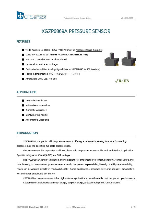 XGZP6869A Calibrated Pressure Sensor by CFSensor - Datasheet Preview