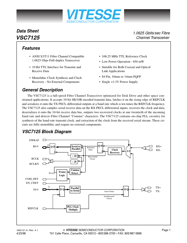 VSC7125 Datasheet Preview