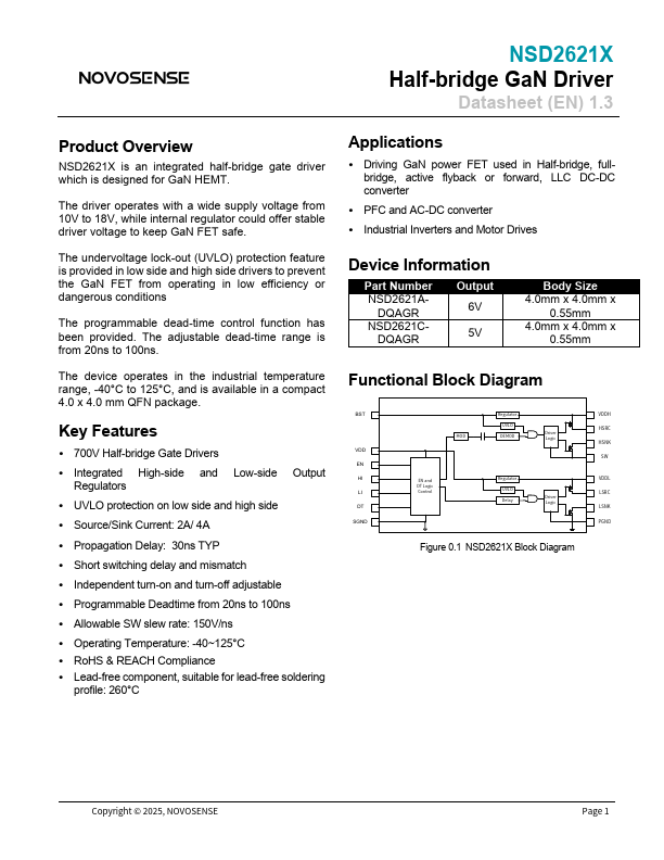 NSD2621A Half-bridge GaN Driver by NOVOSENSE - Datasheet Preview
