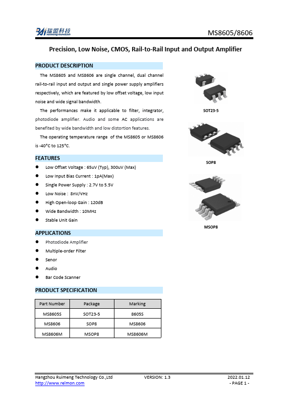 MS8605 Rail-to-Rail Input and Output Amplifier by Ruimeng - Datasheet Preview