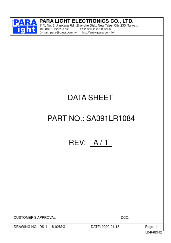 SA391LR1084 SINGLE DIGIT SMD LED DISPLAY by PARA LIGHT - Datasheet Preview