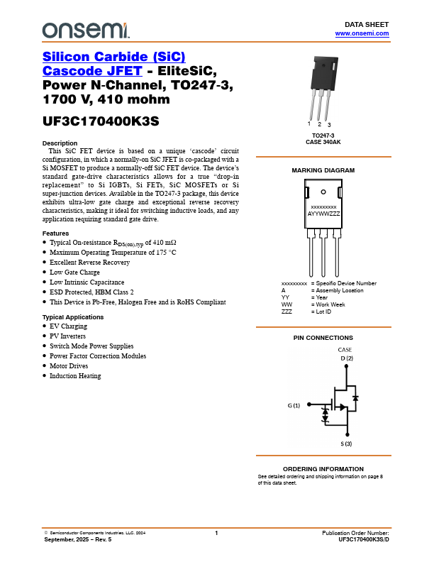 UF3C170400K3S SiC Cascode JFET by onsemi - Datasheet Preview