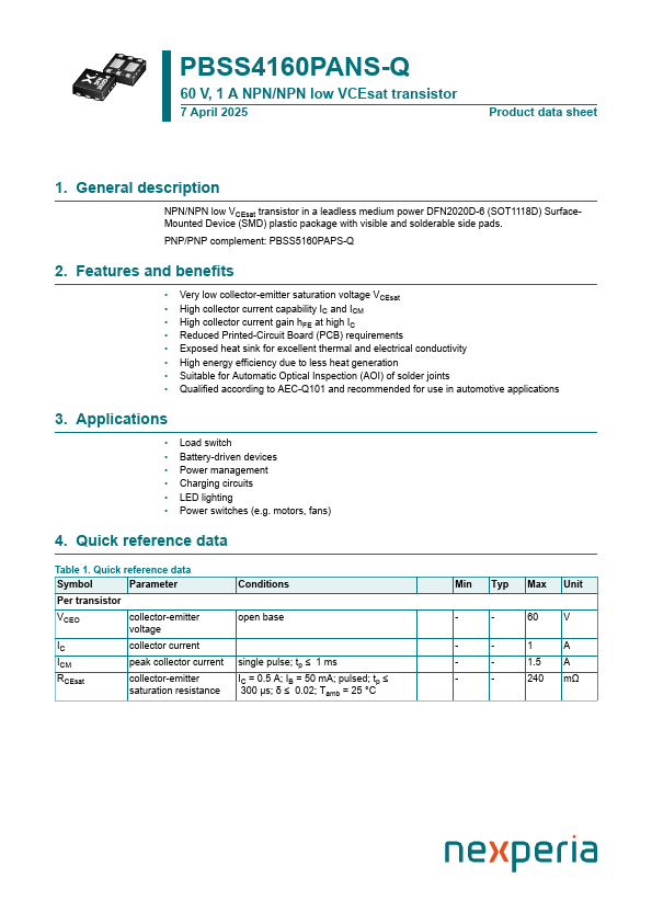 PBSS4160PANS-Q Datasheet Preview