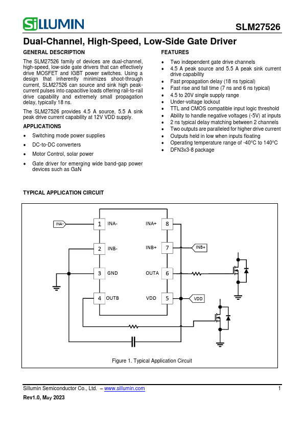 SLM27526 Dual-Channel High-Speed Low-Side Gate Driver by Sillumin - Datasheet Preview