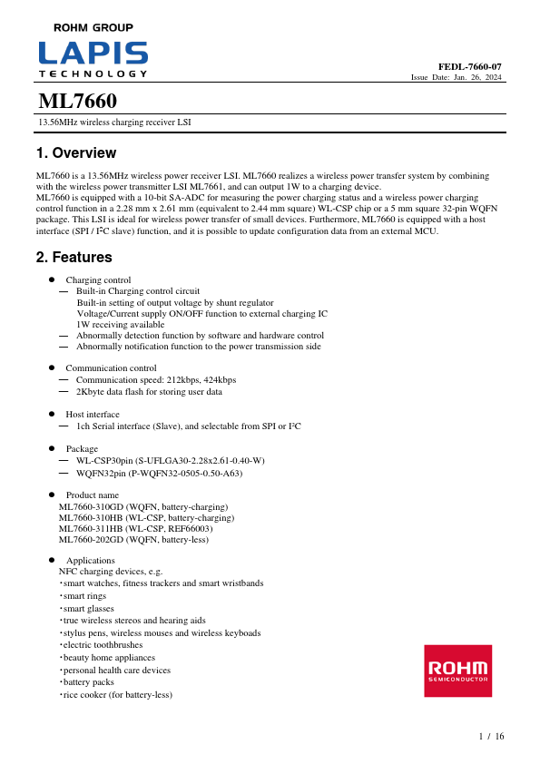 ML7660 13.56MHz wireless charging receiver LSI by LAPIS - Datasheet Preview