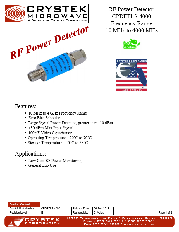 CPDETLS-4000 RF Power Detector by CRYSTEK - Datasheet Preview