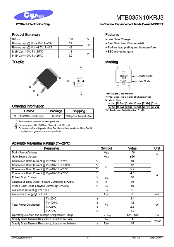 MTB035N10KRJ3 N-Channel Enhancement Mode Power MOSFET by CYStech Electronics - Datasheet Preview
