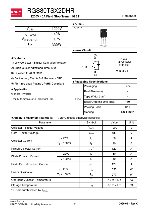 RGS80TSX2DHR 1200V 40A Field Stop Trench IGBT by ROHM - Datasheet Preview