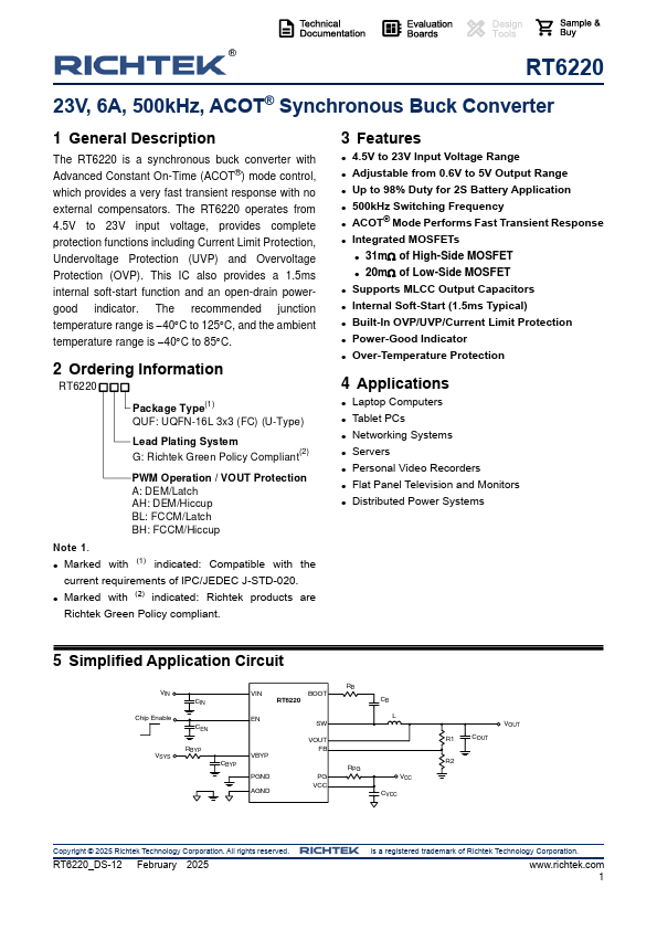 RT6220 Synchronous Buck Converter by Richtek - Datasheet Preview