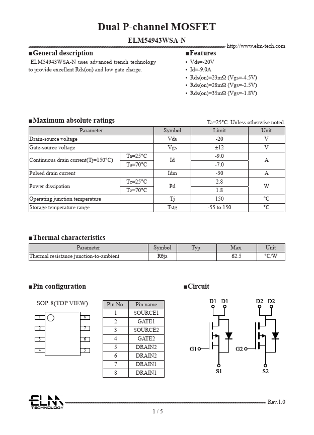 ELM54943WSA-N Dual P-channel MOSFET by ELM - Datasheet Preview