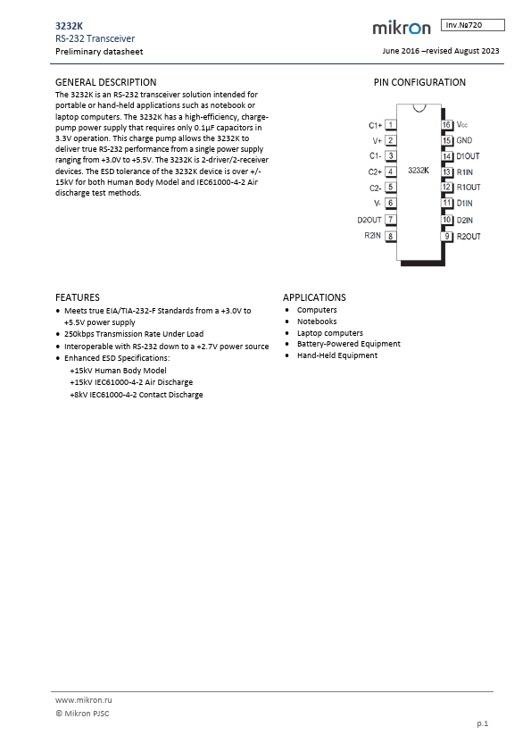 3232K RS-232 Transceiver by Mikron - Datasheet Preview