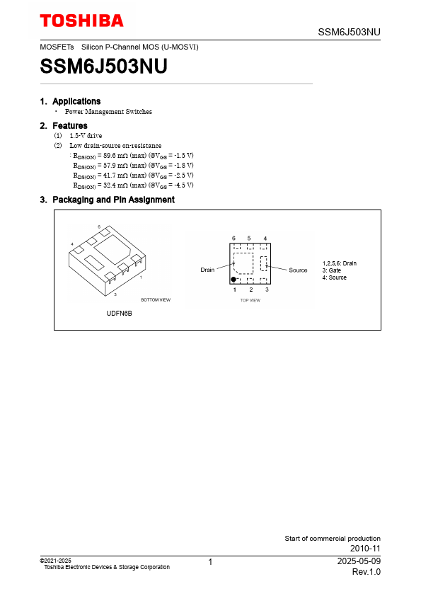 SSM6J503NU Silicon P-Channel MOSFET by Toshiba Semiconductor - Datasheet Preview