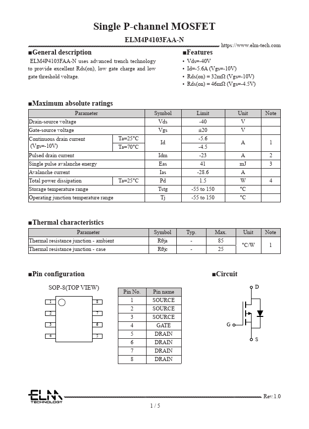 ELM4P4103FAA-N Single P-channel MOSFET by ELM - Datasheet Preview