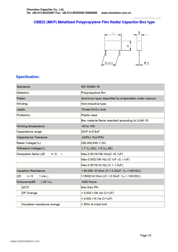 CBB22 Metallized Polypropylene Film Radial Capacitor Chenshen Capacitor CBB22 Metallized Polypropylene Film Radial Capacitor Chenshen Capacitor