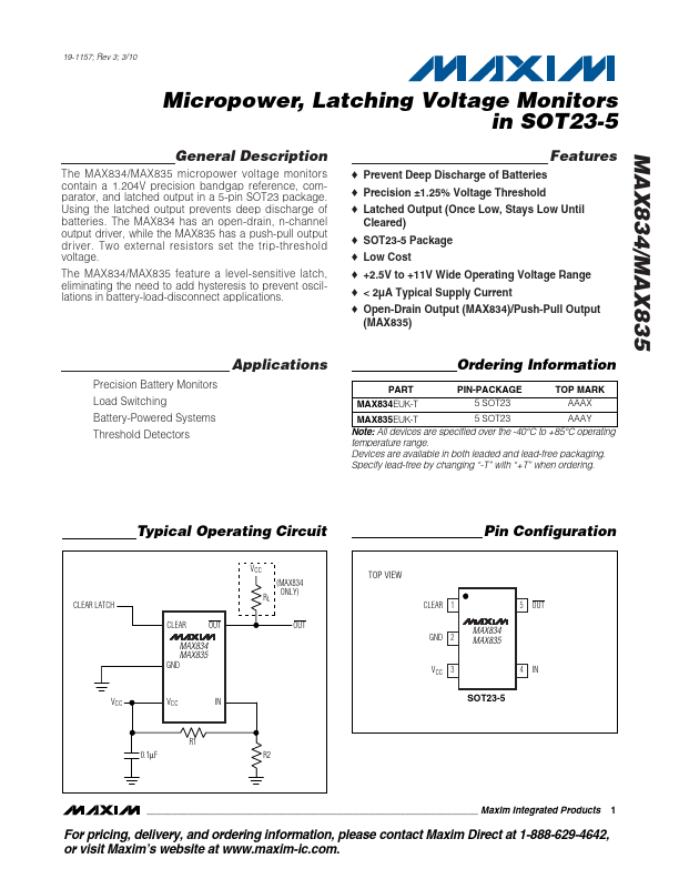 MAX834 Micropower / Latching Voltage Monitors by Maxim - Datasheet Preview