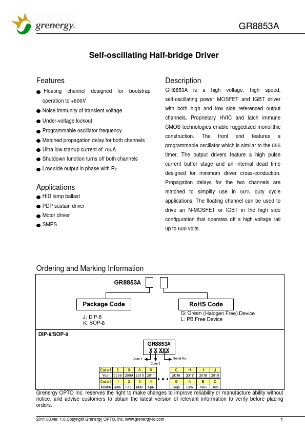 GR8853A Self-oscillating Half-bridge Driver by Grenergy - Datasheet Preview