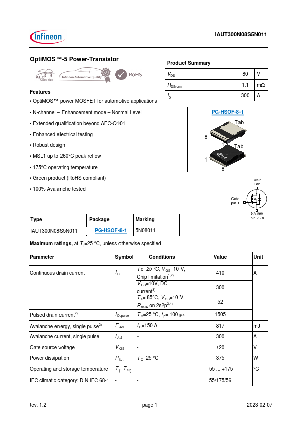 IAUT300N08S5N011 Datasheet Preview