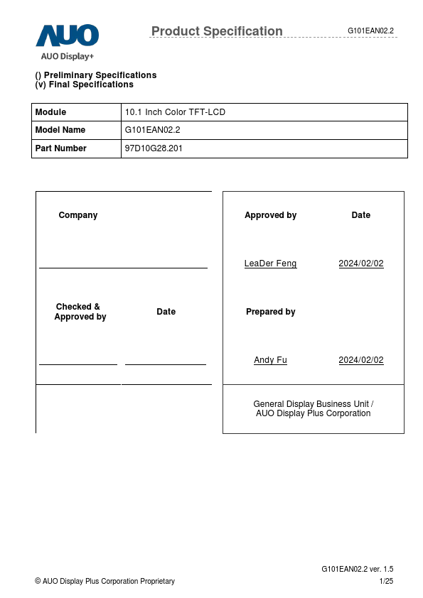 G101EAN02.2 Datasheet Preview