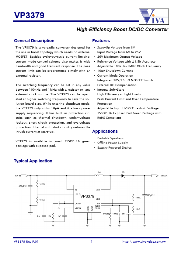 VP3379 High-Efficiency Boost DC/DC Converter by Viva Electronics - Datasheet Preview