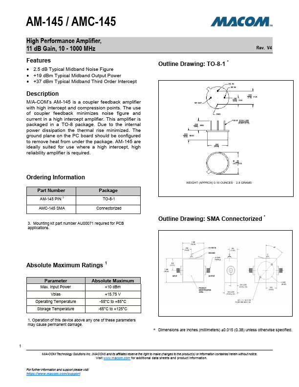 AM-145 High Performance Amplifier by MACOM - Datasheet Preview