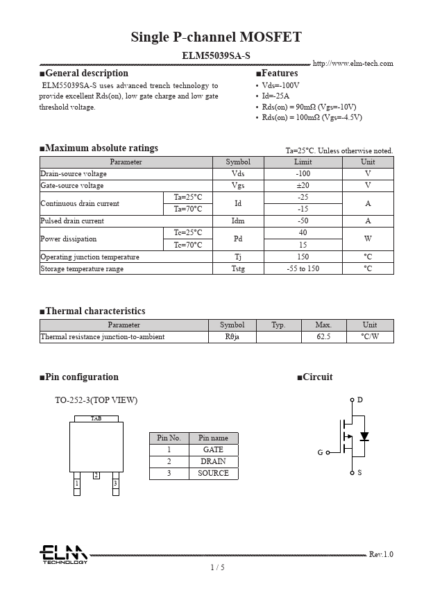 ELM55039SA-S Single P-channel MOSFET by ELM - Datasheet Preview
