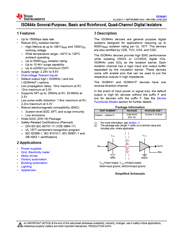 ISO6441F Quad-Channel Digital Isolators by Texas Instruments - Datasheet Preview